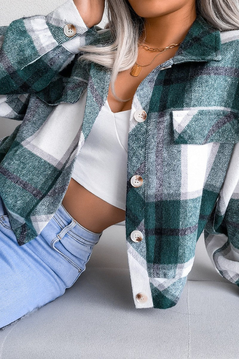 WOMEN PLAID PATTERN BUTTON UP SHORT LENGTH JACKET