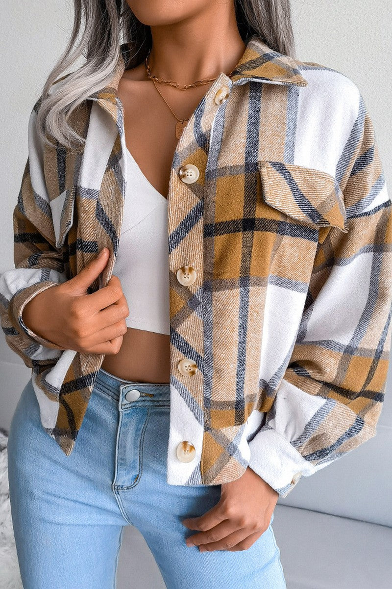 WOMEN PLAID PATTERN BUTTON UP SHORT LENGTH JACKET