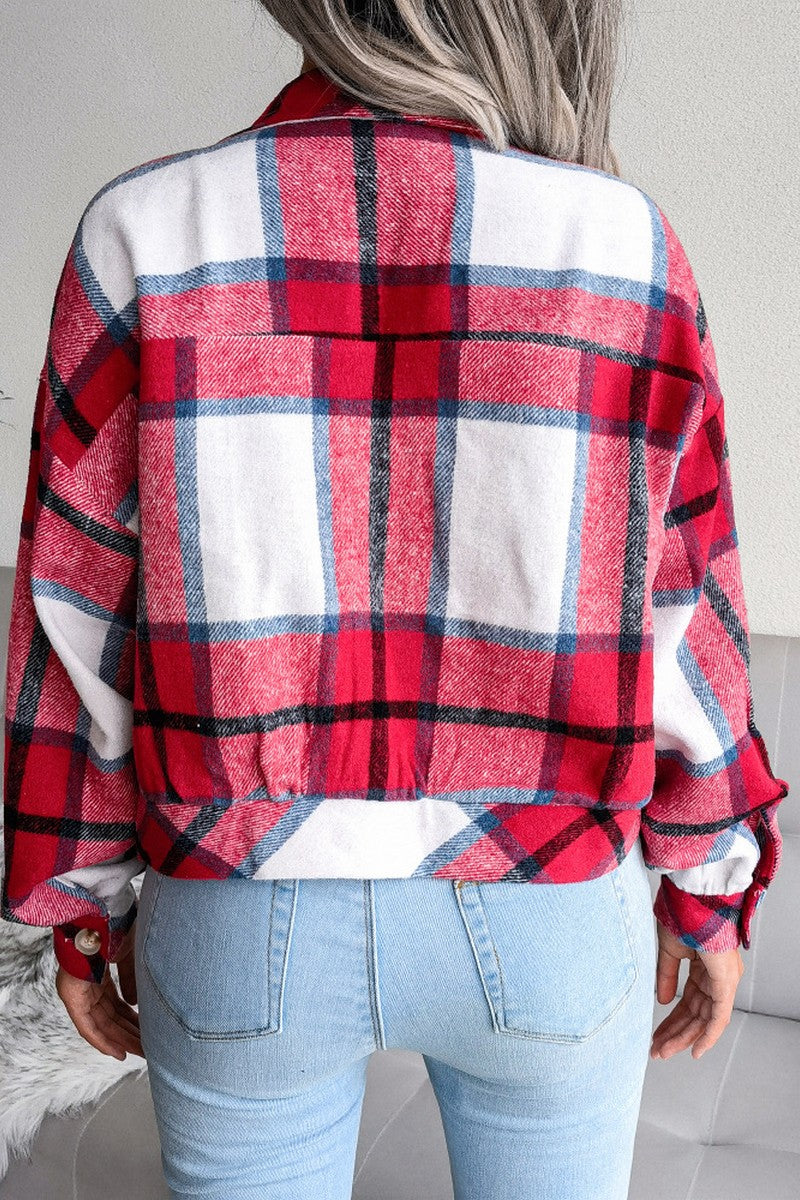 WOMEN PLAID PATTERN BUTTON UP SHORT LENGTH JACKET