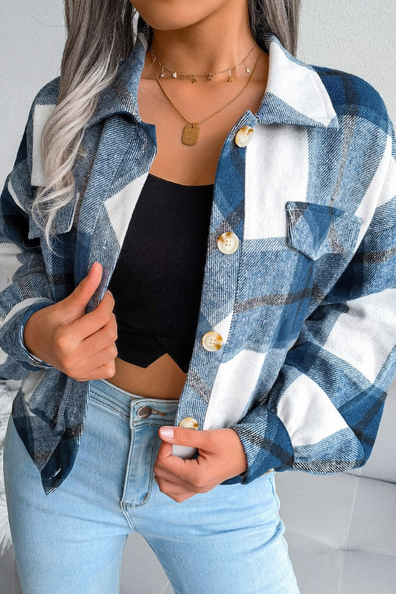 WOMEN PLAID PATTERN BUTTON UP SHORT LENGTH JACKET