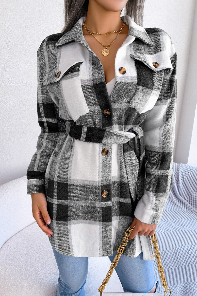 WOMEN BELTED PLAID PATTERN BUTTON DOWN JACKET