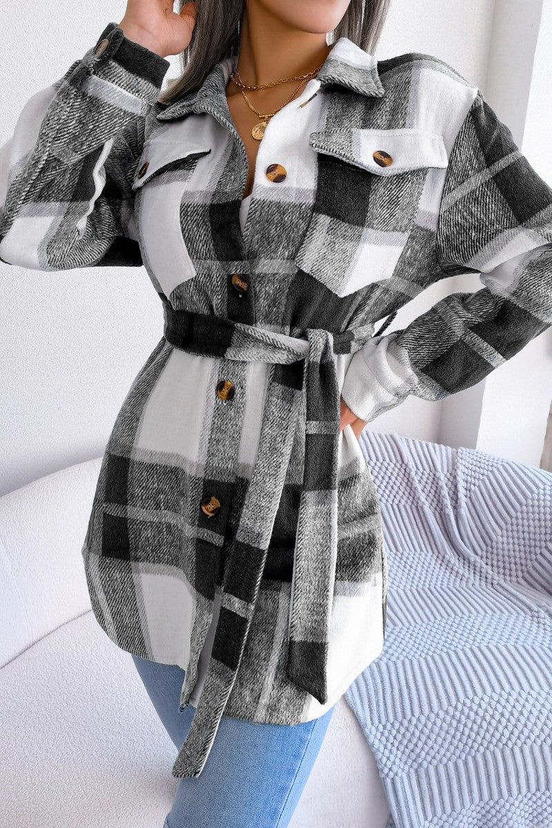 WOMEN BELTED PLAID PATTERN BUTTON DOWN JACKET