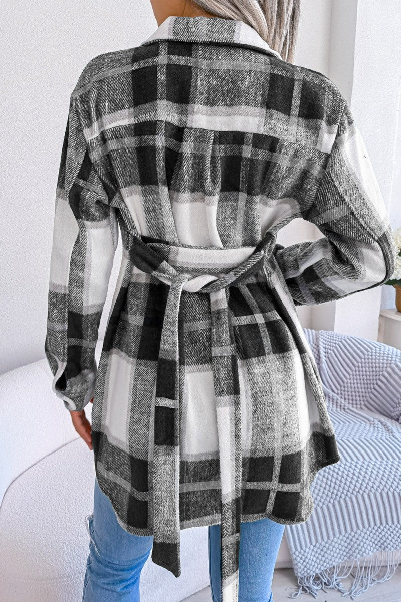 WOMEN BELTED PLAID PATTERN BUTTON DOWN JACKET