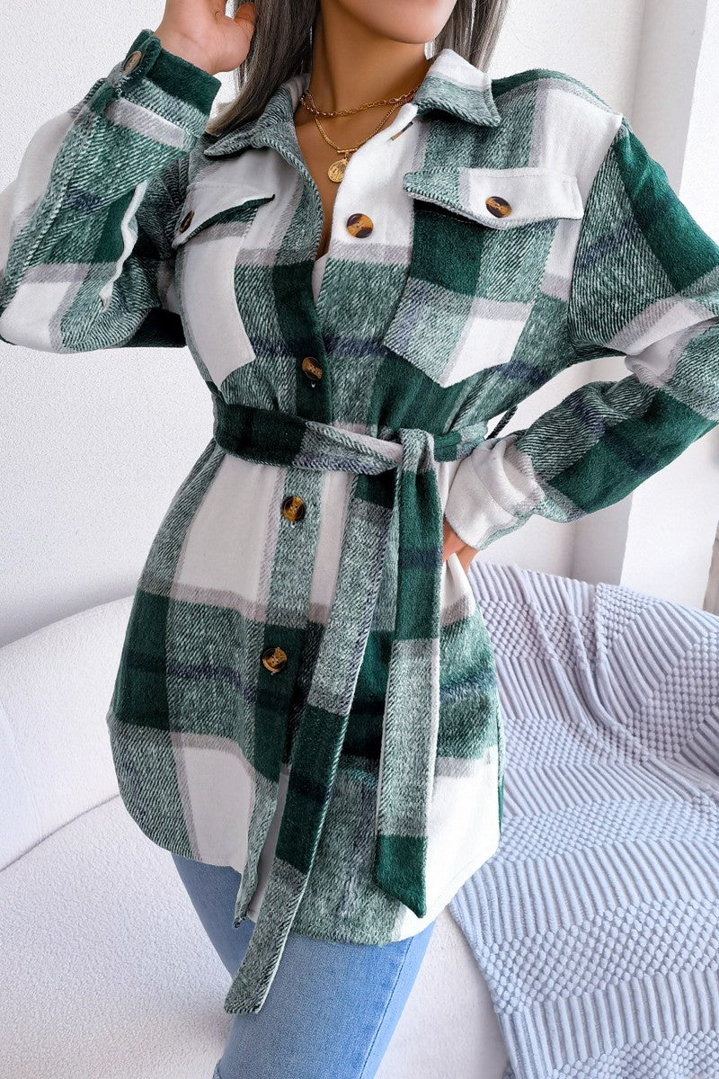 WOMEN BELTED PLAID PATTERN BUTTON DOWN JACKET