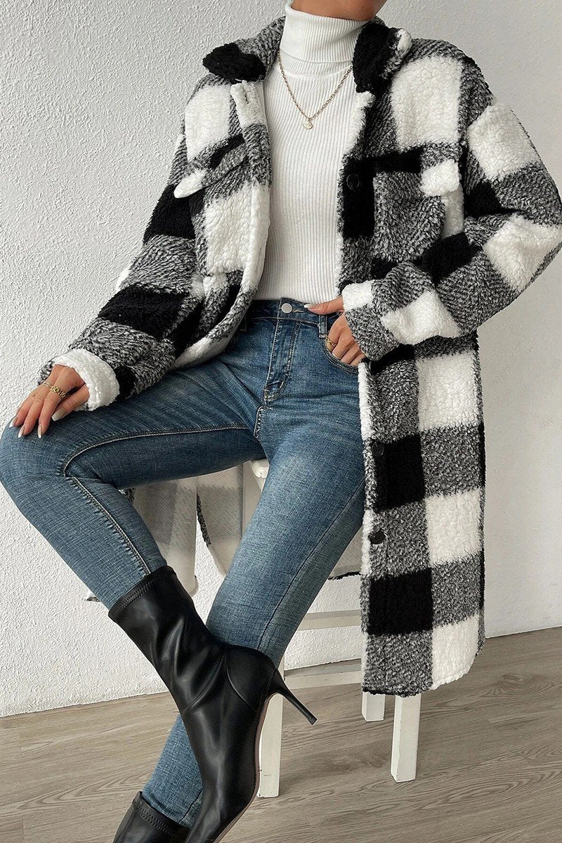 WOMEN WINTER PLAID PLUSH LONG FLEECE JACKET