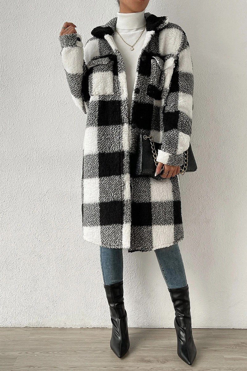 WOMEN WINTER PLAID PLUSH LONG FLEECE JACKET