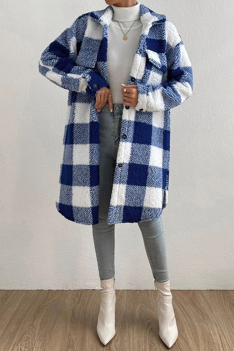 WOMEN WINTER PLAID PLUSH LONG FLEECE JACKET