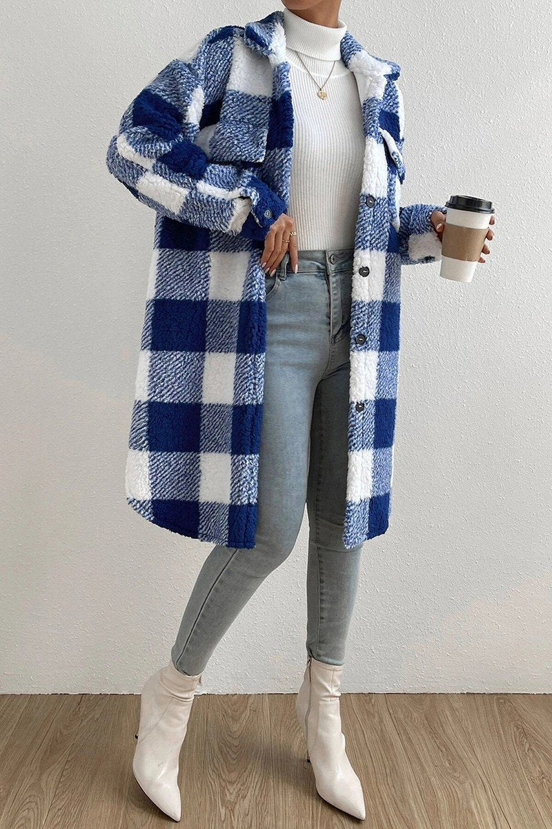 WOMEN WINTER PLAID PLUSH LONG FLEECE JACKET