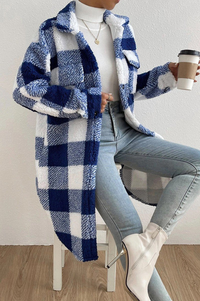 WOMEN WINTER PLAID PLUSH LONG FLEECE JACKET