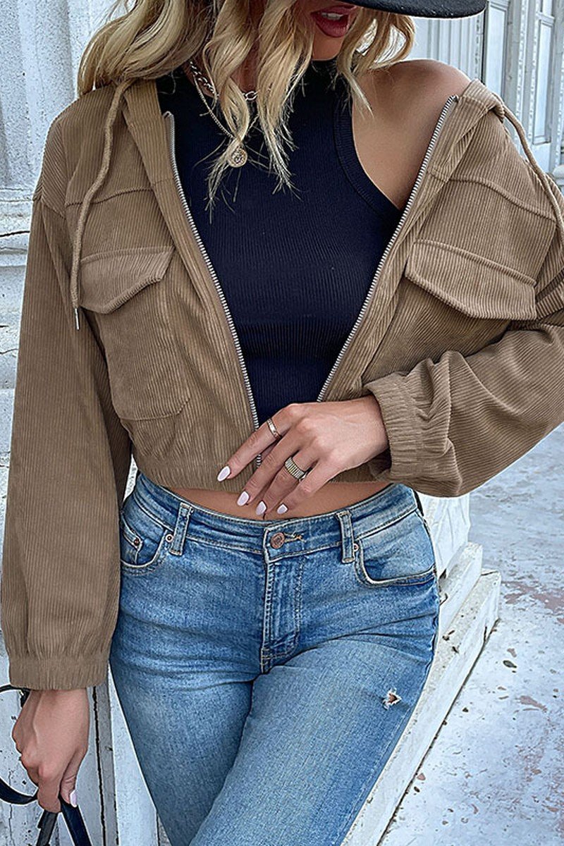 WOMEN CORDUROY HOODED LONG SLEEVE CROP JACKET