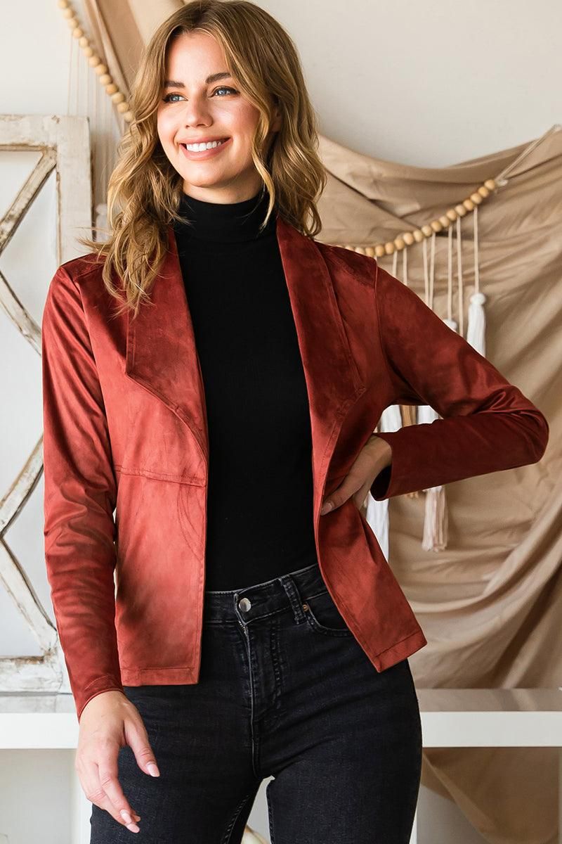 WATERFALL FAUX SUEDE OVER HIP LENGTH JACKET - Doublju