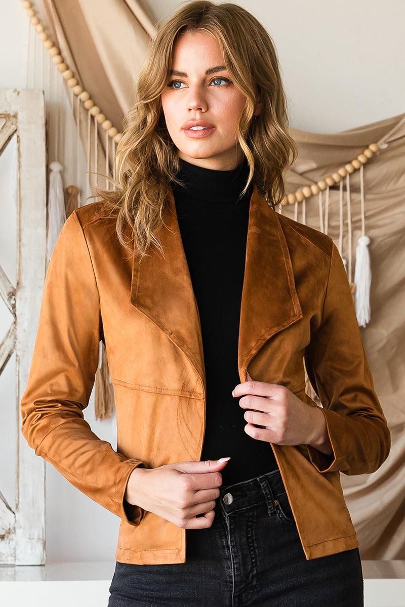 WATERFALL FAUX SUEDE OVER HIP LENGTH JACKET - Doublju