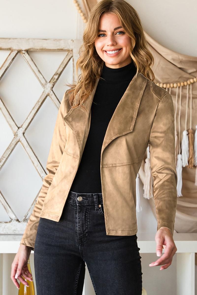 WATERFALL FAUX SUEDE OVER HIP LENGTH JACKET - Doublju