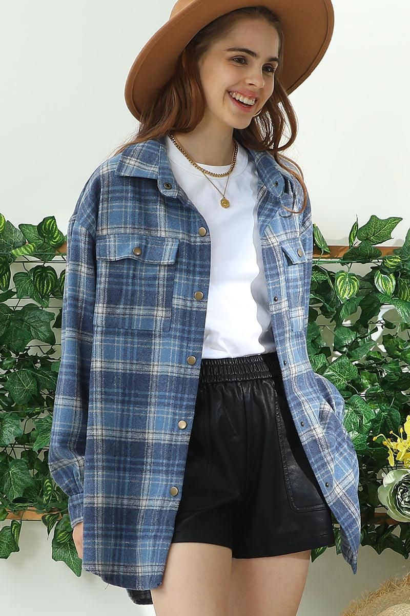 FLANNEL PLAID JACKET SHACKET WITHOUT SIDE POCKET - Doublju