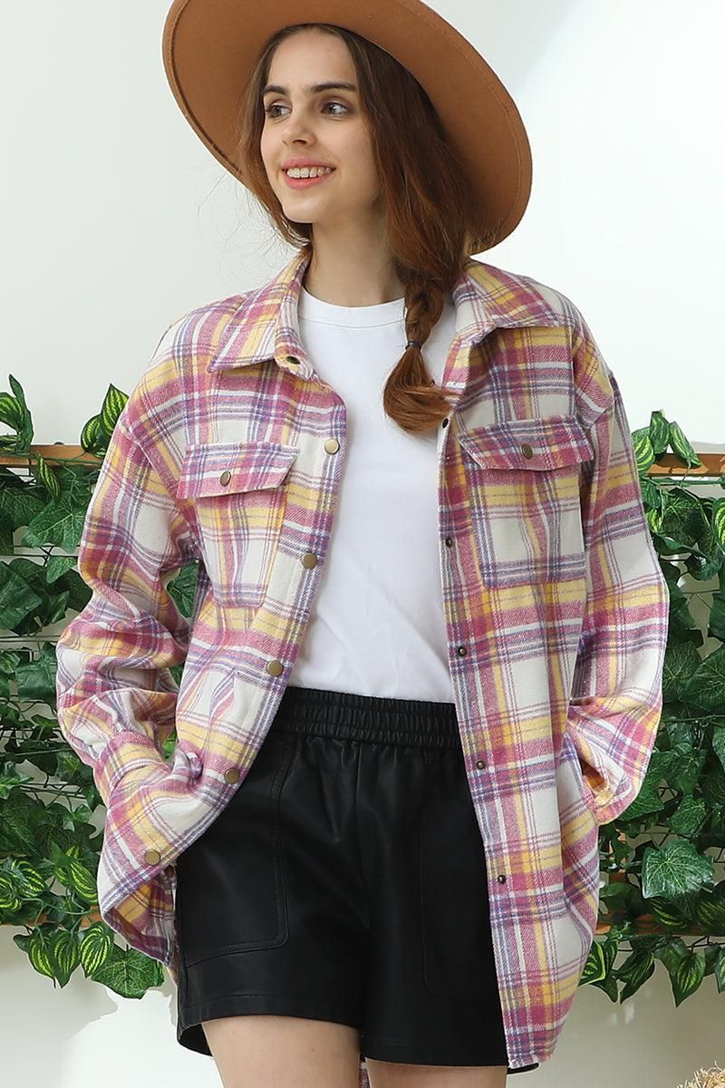 FLANNEL PLAID JACKET SHACKET WITHOUT SIDE POCKET - Doublju