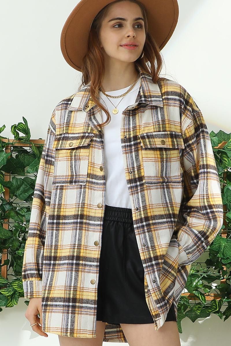 FLANNEL PLAID JACKET SHACKET WITHOUT SIDE POCKET - Doublju