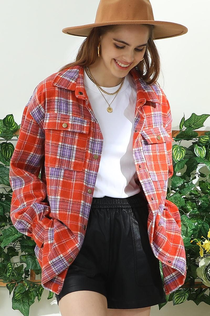 FLANNEL PLAID JACKET SHACKET WITHOUT SIDE POCKET - Doublju