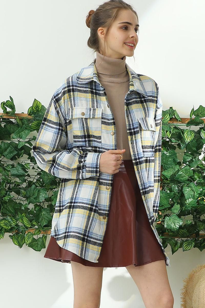 FLANNEL PLAID JACKET SHACKET WITHOUT SIDE POCKET - Doublju