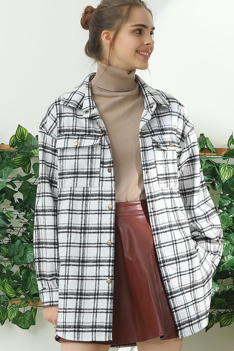 FLANNEL PLAID JACKET SHACKET WITHOUT SIDE POCKET - Doublju