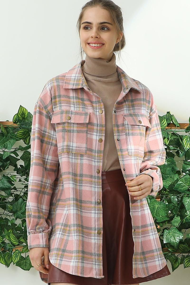 FLANNEL PLAID JACKET SHACKET WITHOUT SIDE POCKET - Doublju