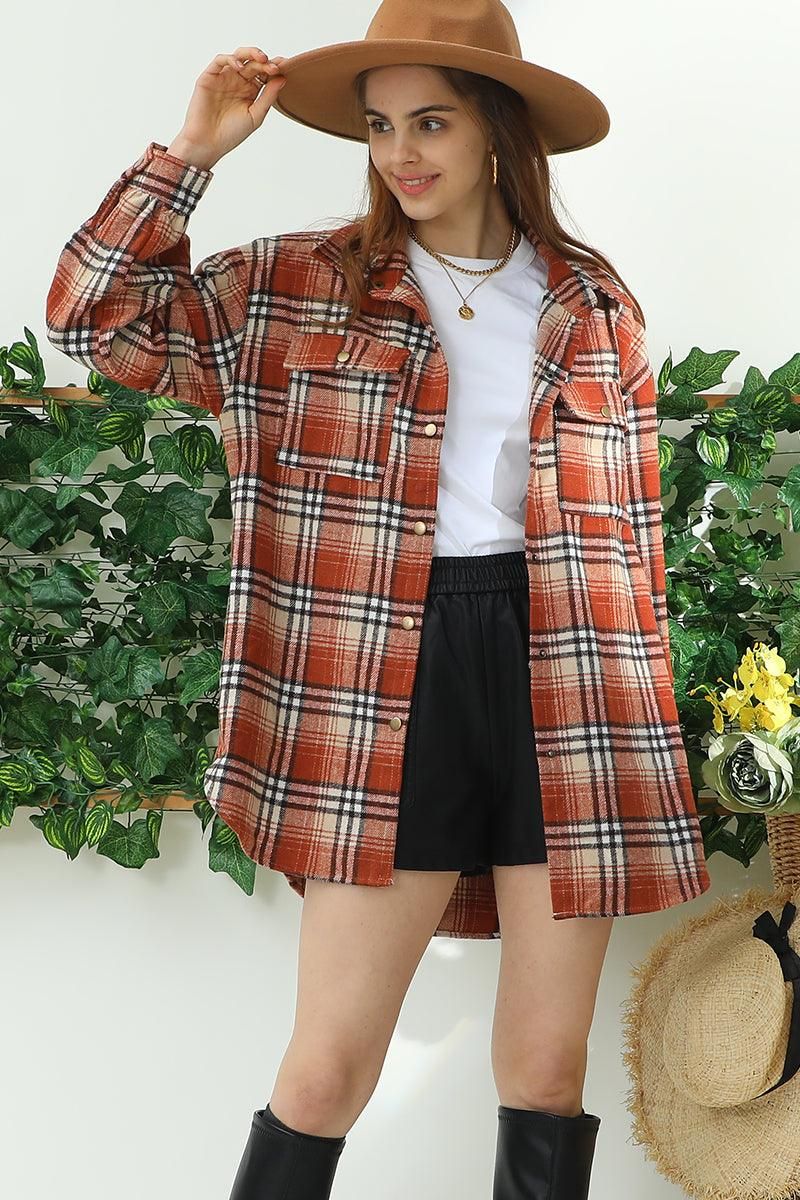 FLANNEL PLAID JACKET SHACKET WITHOUT SIDE POCKET - Doublju