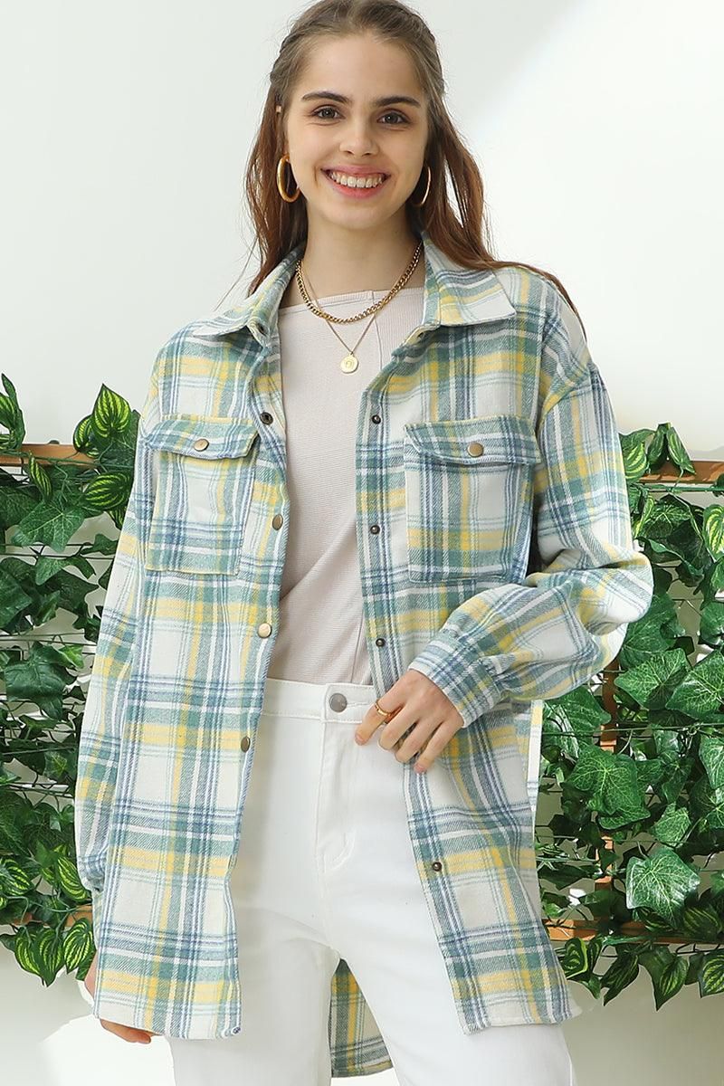 FLANNEL PLAID JACKET SHACKET WITHOUT SIDE POCKET - Doublju