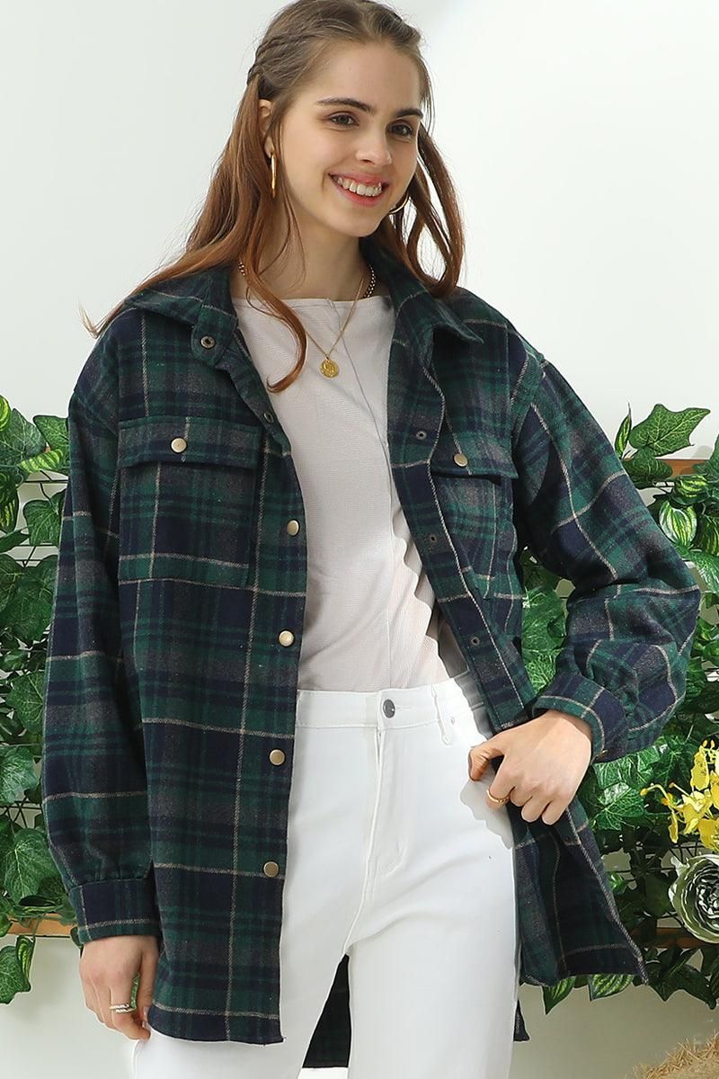 FLANNEL PLAID JACKET SHACKET WITHOUT SIDE POCKET - Doublju