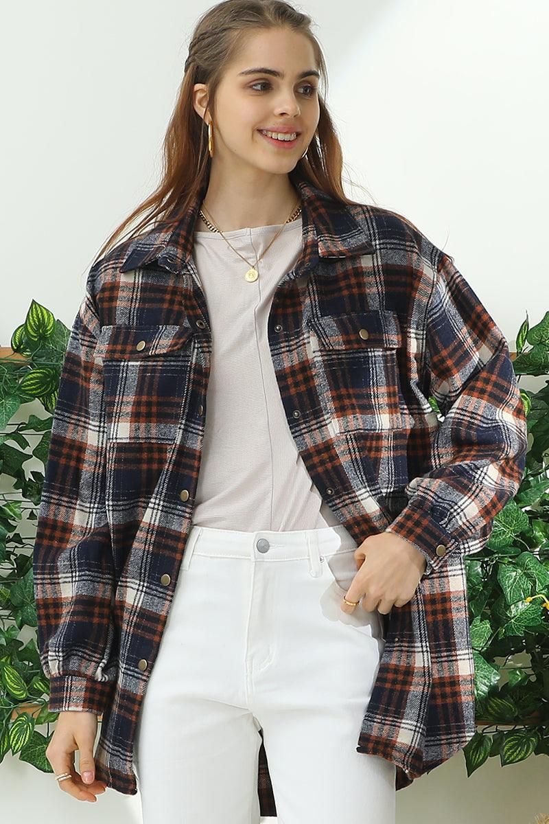 FLANNEL PLAID JACKET SHACKET WITHOUT SIDE POCKET - Doublju