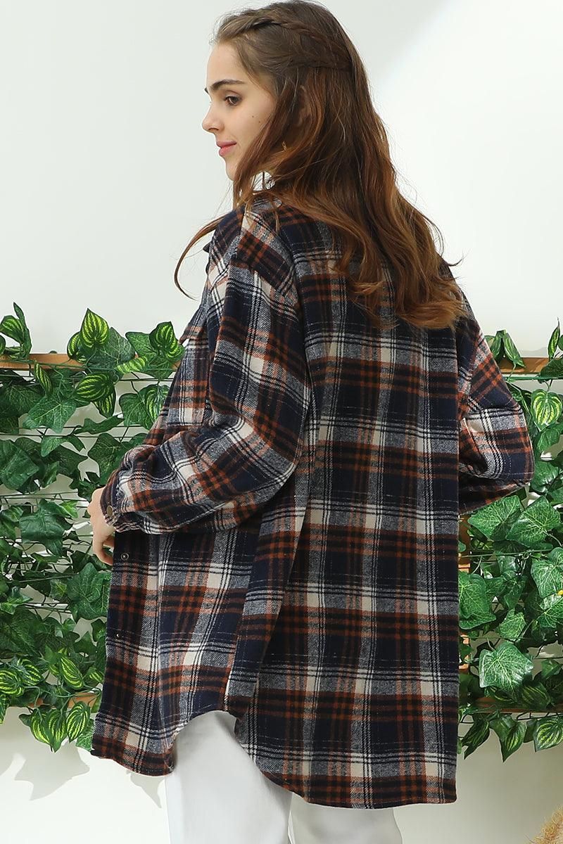 FLANNEL PLAID JACKET SHACKET WITHOUT SIDE POCKET - Doublju