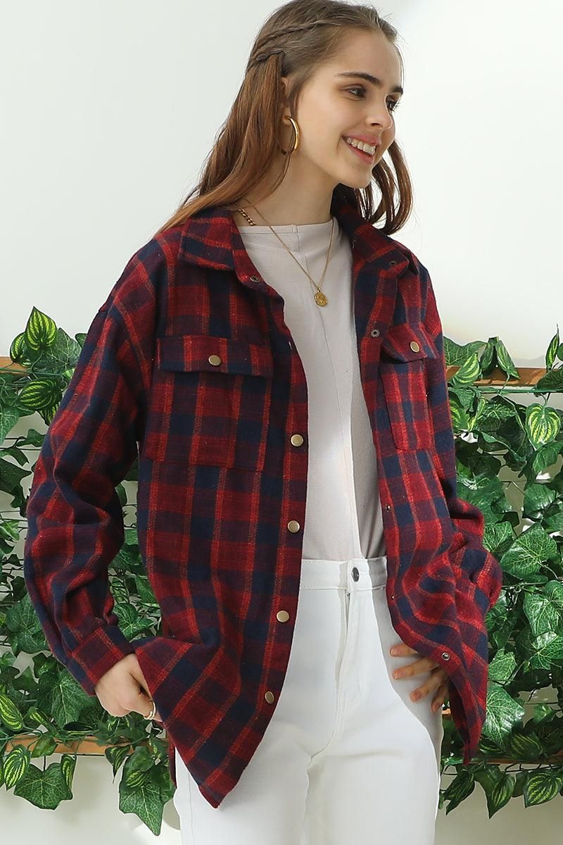 FLANNEL PLAID JACKET SHACKET WITHOUT SIDE POCKET - Doublju