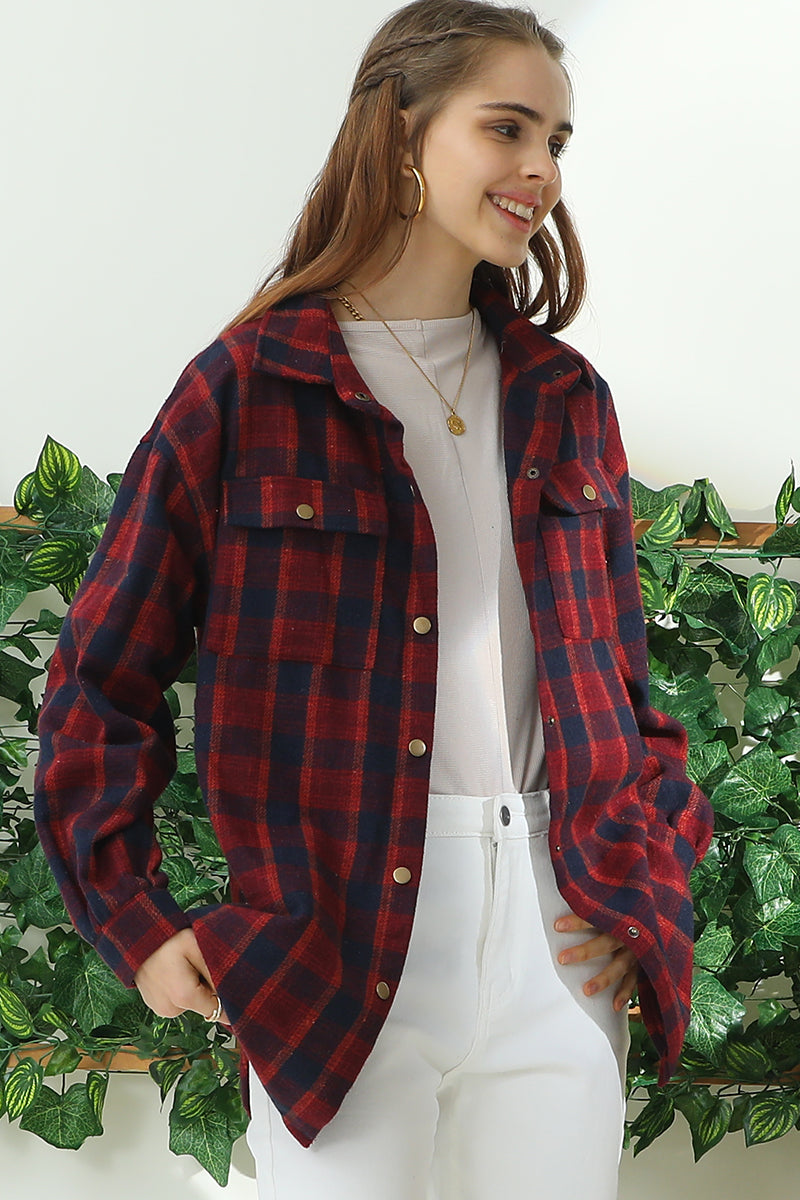 FLANNEL PLAID JACKET SHACKET WITHOUT SIDE POCKET