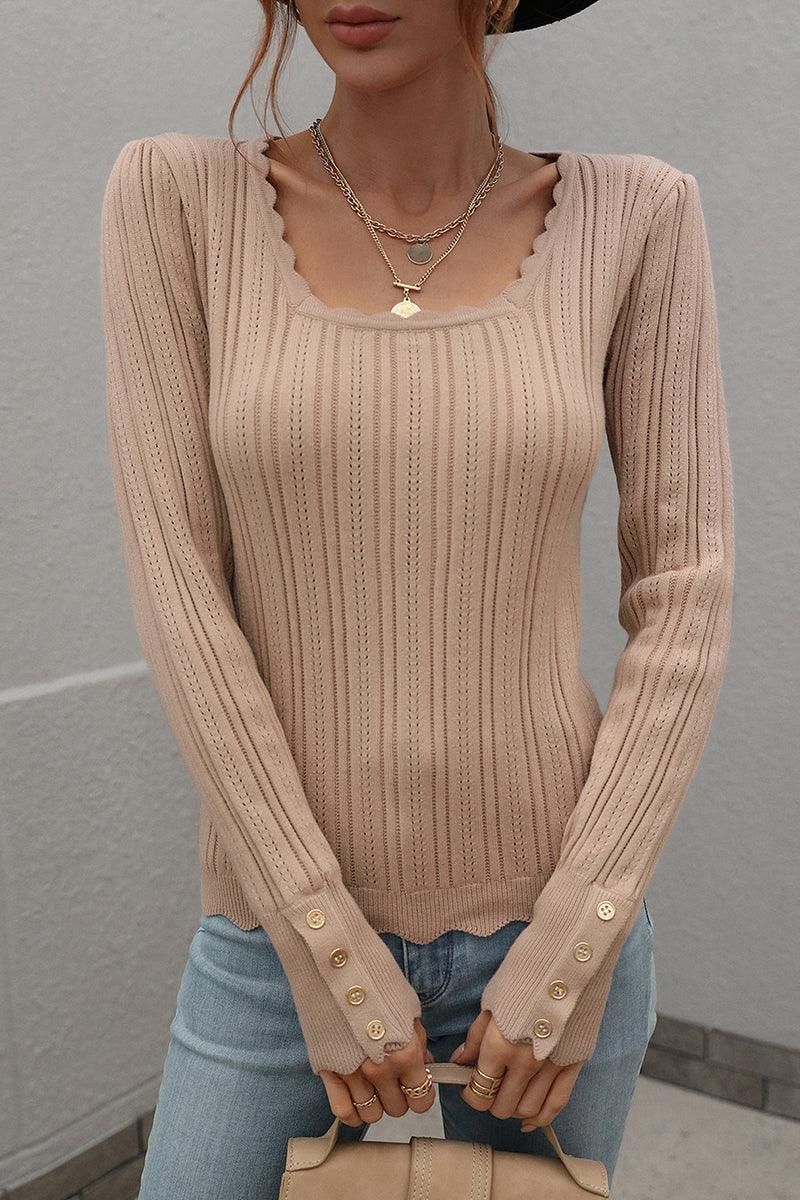 SLIM FIT CABLE KNIT LONG SLEEVE SWEAT TOP - Doublju