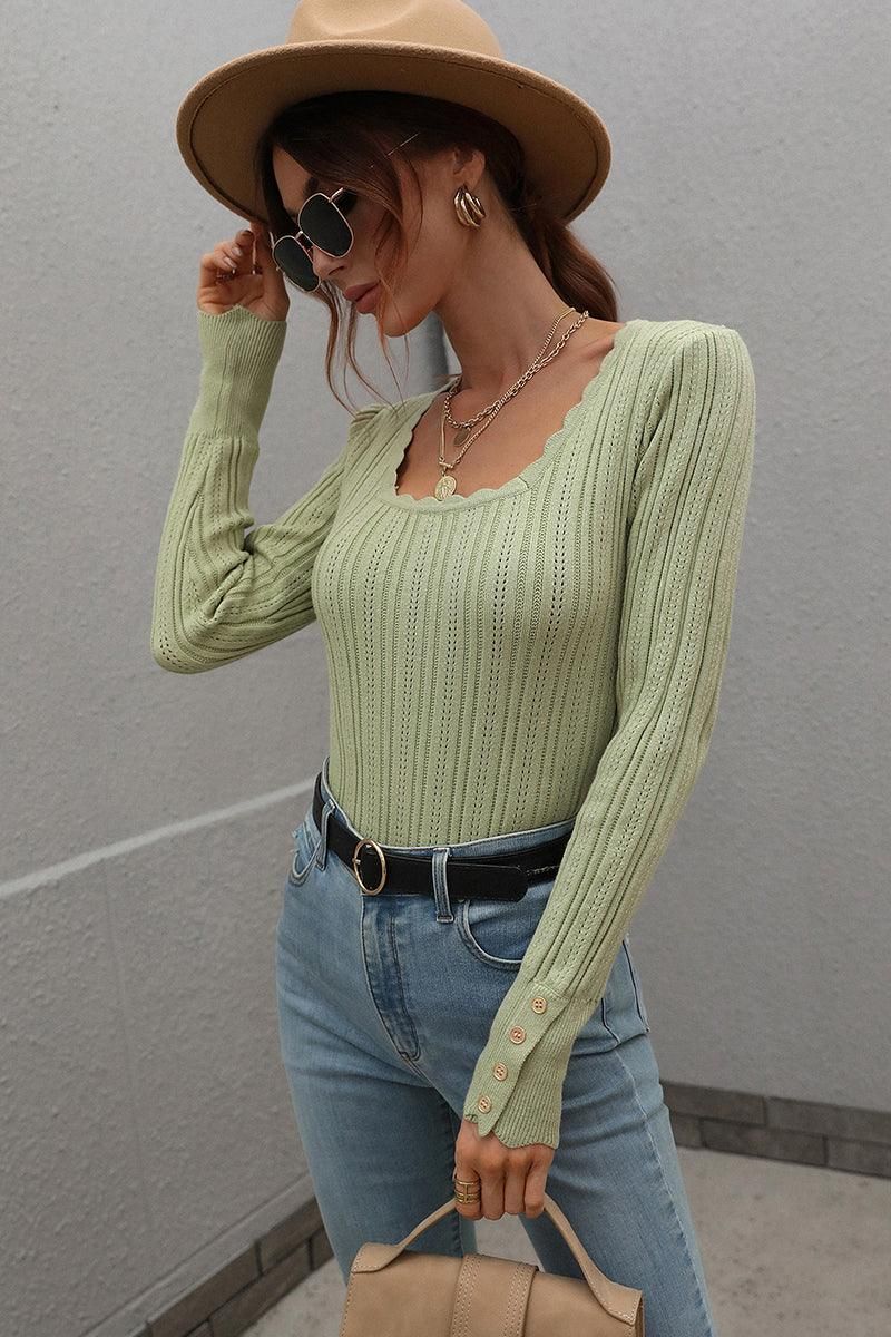 SLIM FIT CABLE KNIT LONG SLEEVE SWEAT TOP - Doublju