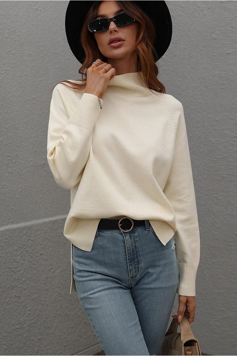 TURTLE NECK SOLID DAILY SWEATER TOP - Doublju