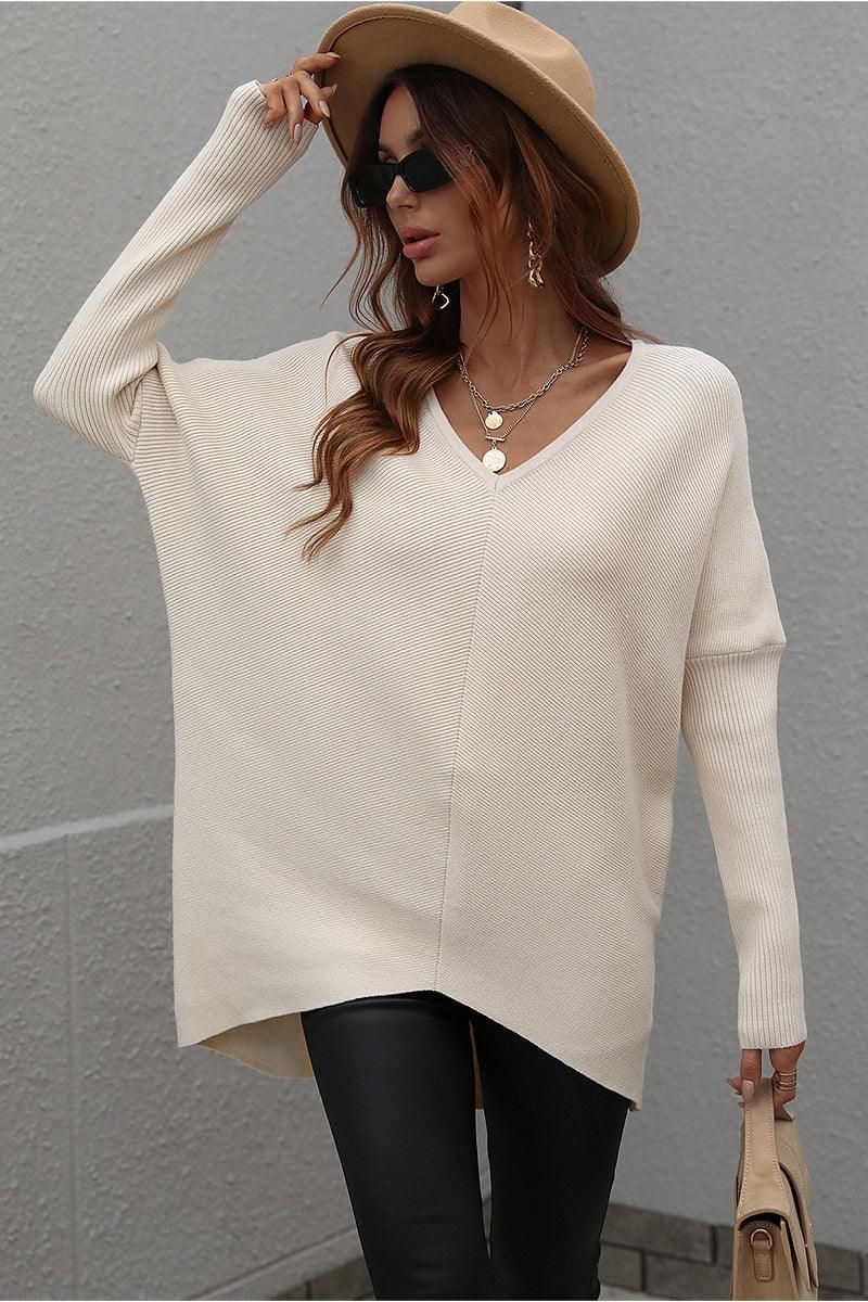 V NECK SOLID TUNIC SWEATER TOP - Doublju