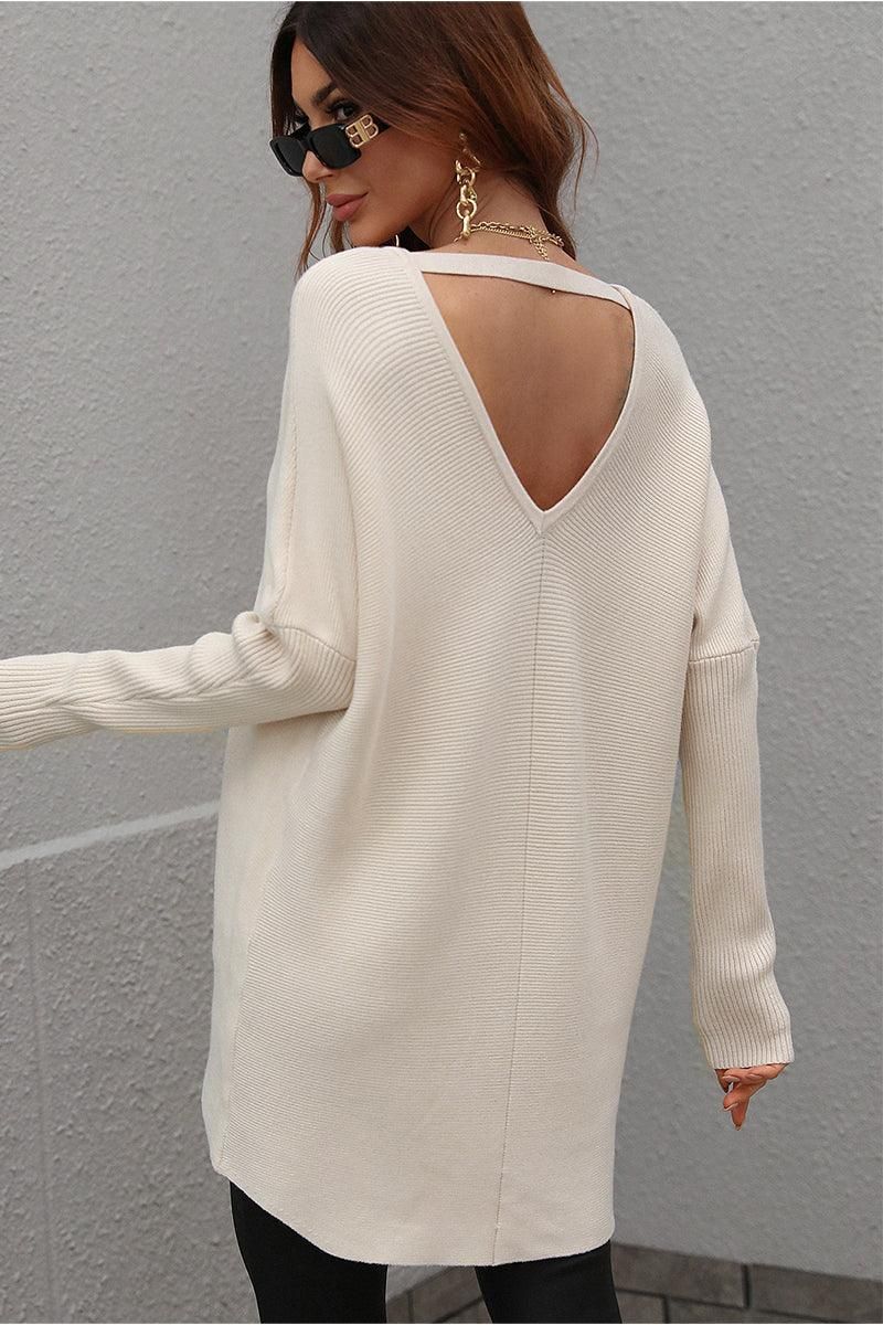 V NECK SOLID TUNIC SWEATER TOP - Doublju