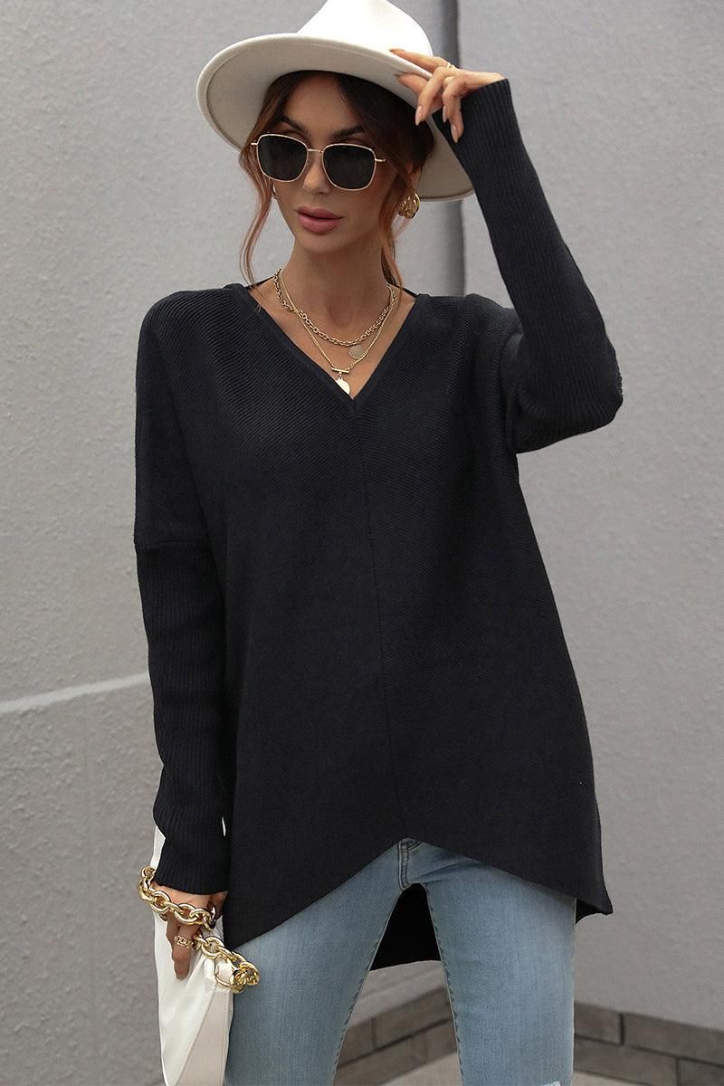 V NECK SOLID TUNIC SWEATER TOP - Doublju