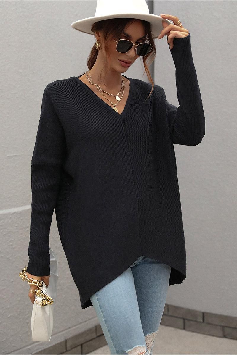 V NECK SOLID TUNIC SWEATER TOP - Doublju