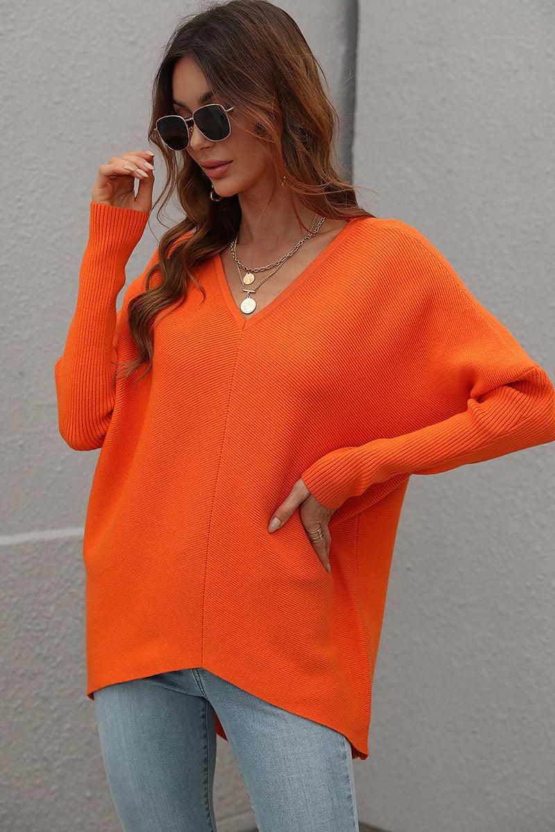 V NECK SOLID TUNIC SWEATER TOP - Doublju