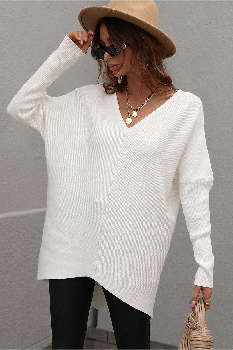 V NECK SOLID TUNIC SWEATER TOP - Doublju