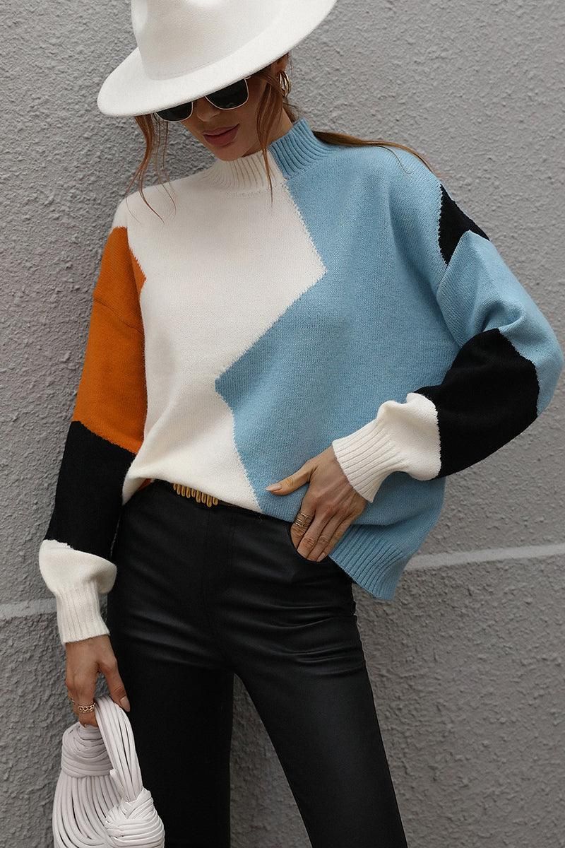 TURTLE NECK COLOR BLOCK CASUAL SWEATER TOP - Doublju