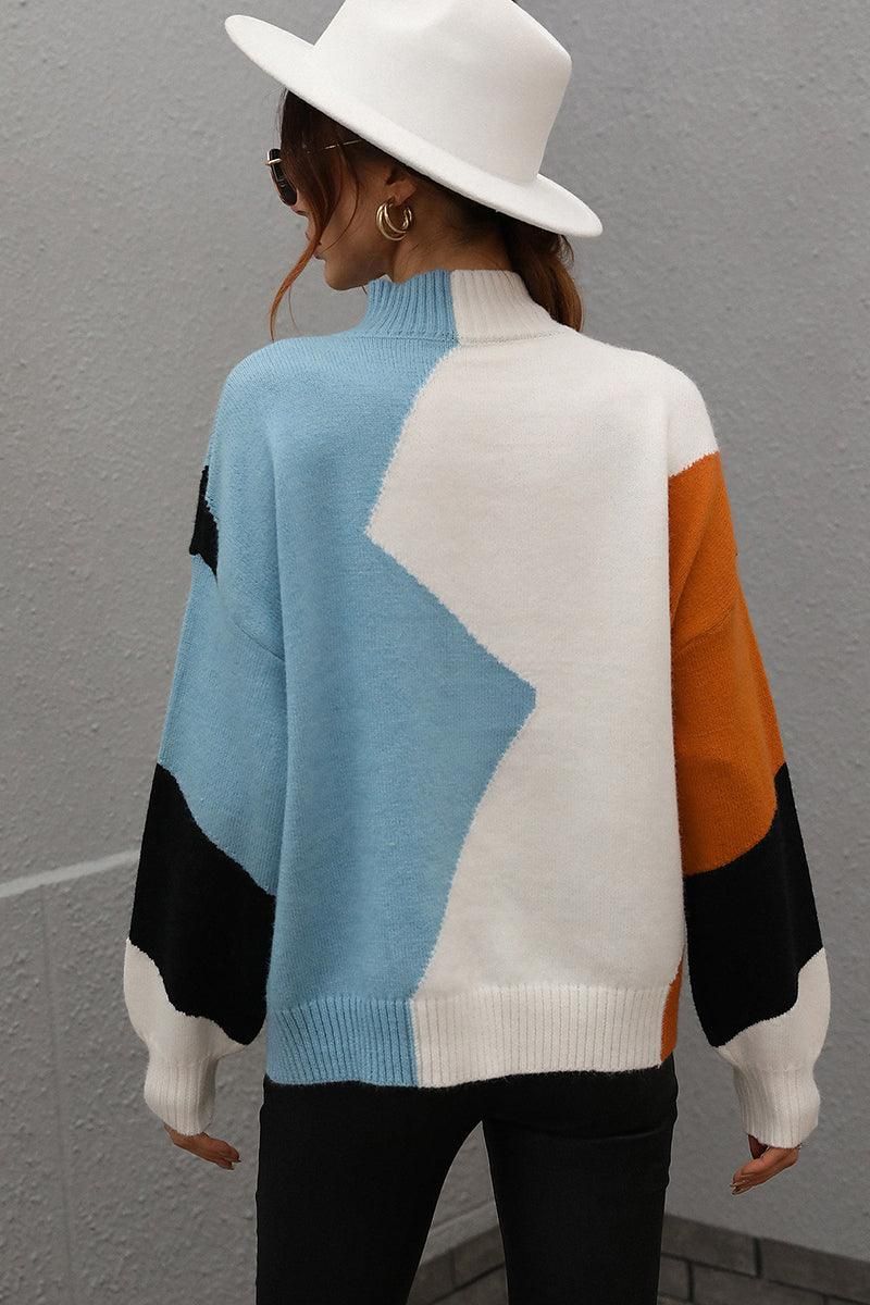 TURTLE NECK COLOR BLOCK CASUAL SWEATER TOP - Doublju