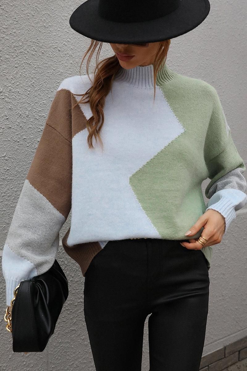 TURTLE NECK COLOR BLOCK CASUAL SWEATER TOP - Doublju