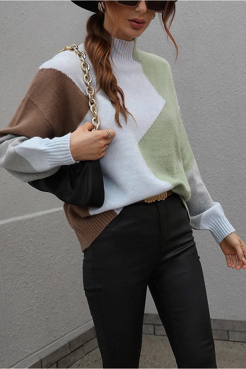 TURTLE NECK COLOR BLOCK CASUAL SWEATER TOP - Doublju