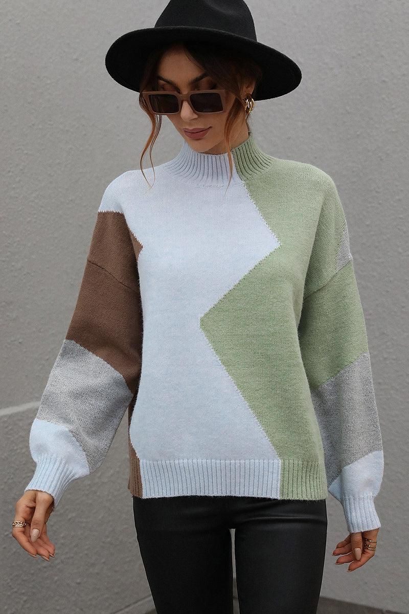 TURTLE NECK COLOR BLOCK CASUAL SWEATER TOP - Doublju