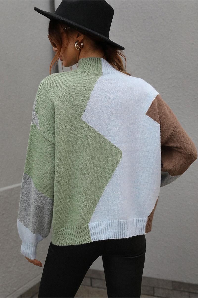 TURTLE NECK COLOR BLOCK CASUAL SWEATER TOP - Doublju