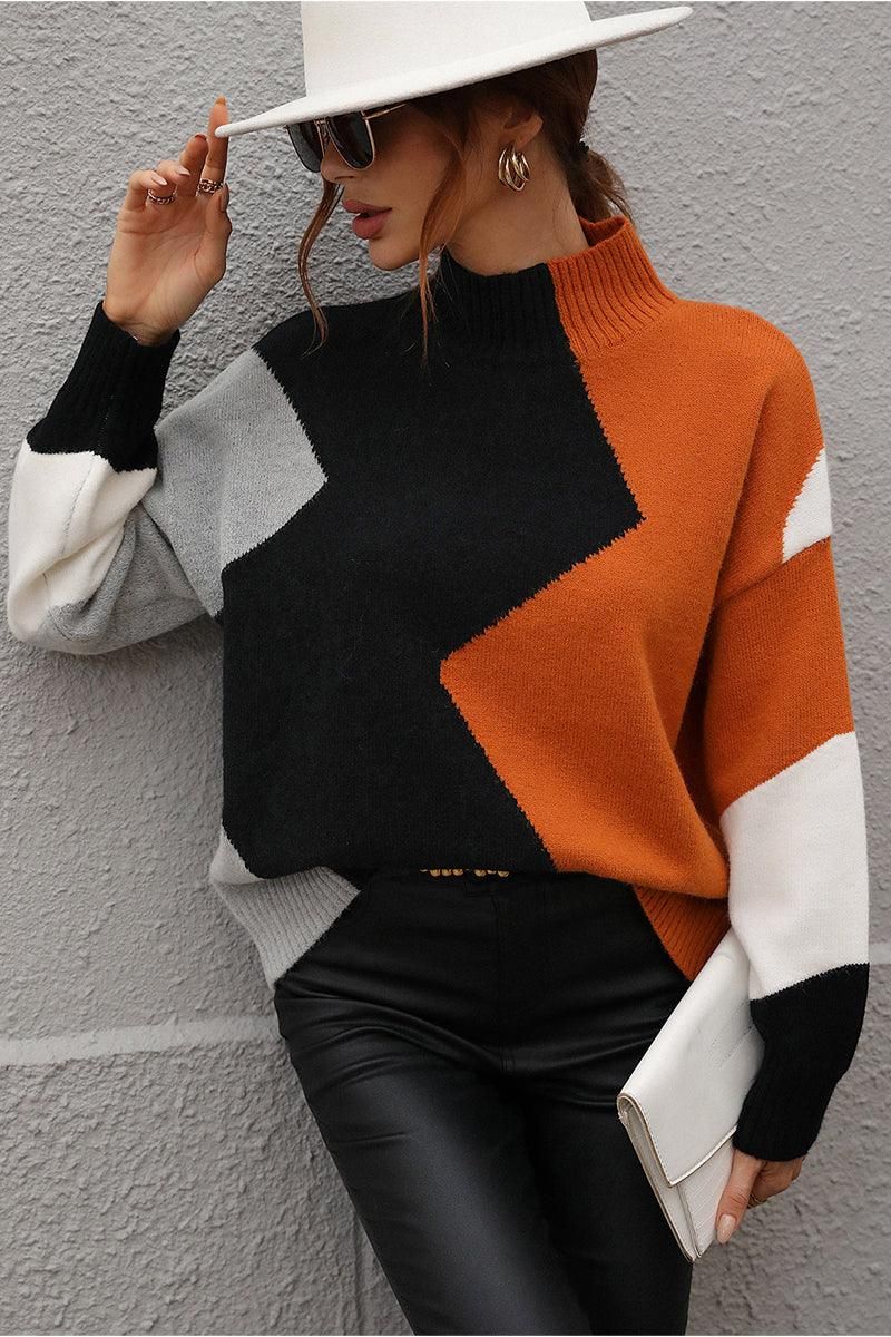 TURTLE NECK COLOR BLOCK CASUAL SWEATER TOP - Doublju