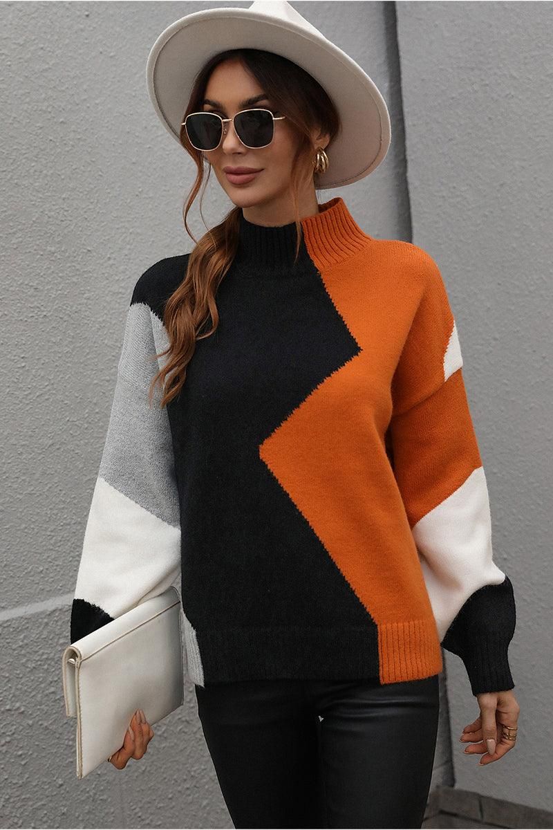 TURTLE NECK COLOR BLOCK CASUAL SWEATER TOP - Doublju