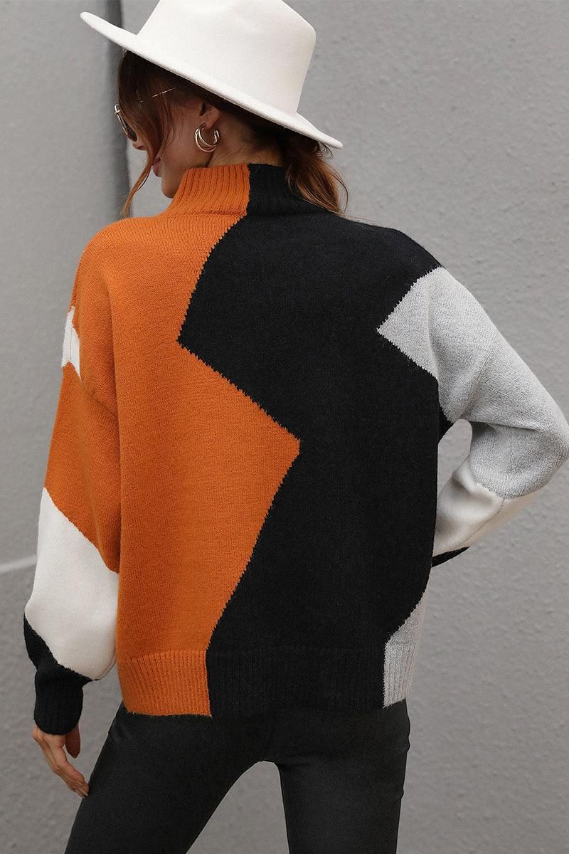 TURTLE NECK COLOR BLOCK CASUAL SWEATER TOP - Doublju