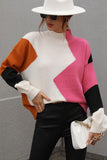 TURTLE NECK COLOR BLOCK CASUAL SWEATER TOP - Doublju